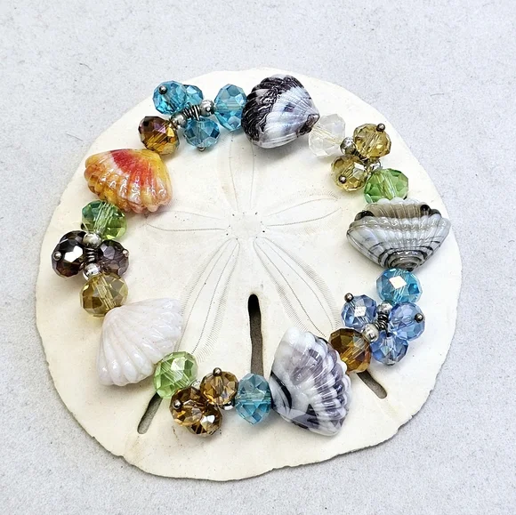 Glass Bead Seashell Bracelet Stretchy - Picture 5 of 15